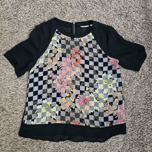 Halogen Top Blouse Women M flower Print Shirt Pullover Sheer Black Geometric
